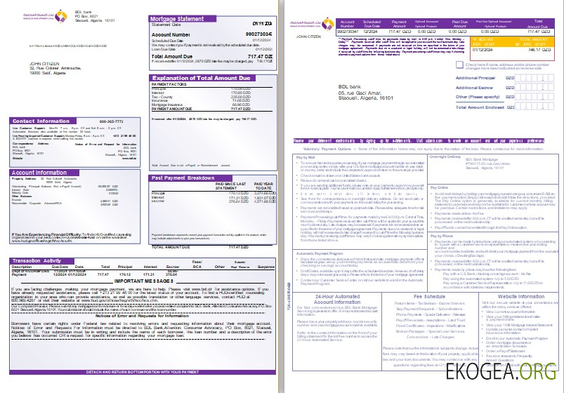 Relevé hypothécaire de la banque Algérie BDL, 3 pages 1, 2 scr